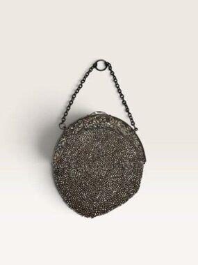 Antique Victorian Cut Steel Micro Beaded Chatelaine Bag Coin Purse Round